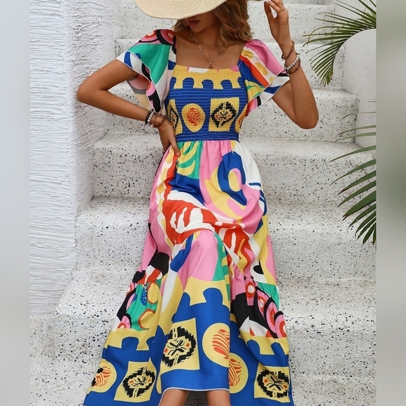 Women's Geometric Print V Neck Ruffle Short Sleeve Dress  - Picture 4 of 6